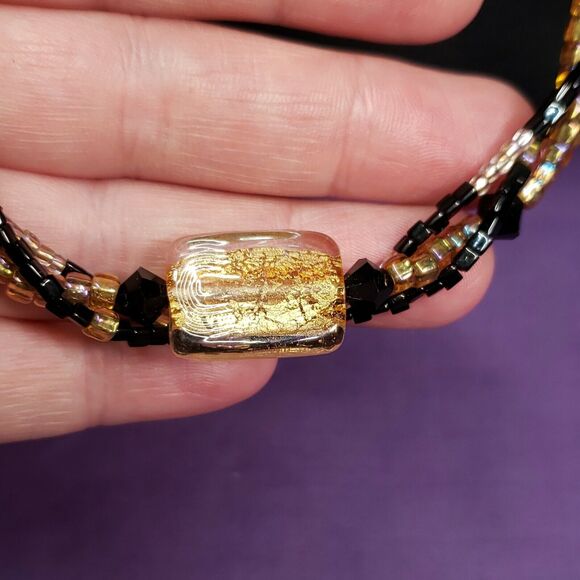 Gold Foiled Glass Black & Gold AB Glass Bead Necklace W/ 14KGF Matching Earrings - Picture 11 of 12